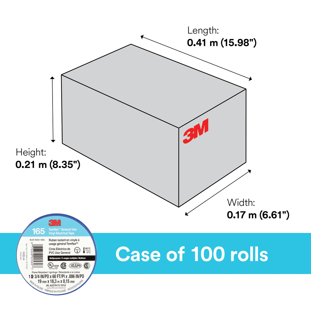 3M Temflex Vinyl Electrical Tape 165, Blue, 3/4 in x 60 ft (19 mm x 18 m), 6 mil, 100 Rolls/Case