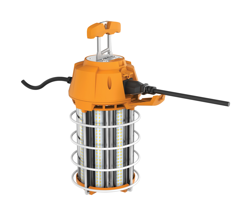 150 Watt LED Hi-Lumen temporary Hi-Bay Caged lamp; 5000K; Integrated Cord / Plug & Hook; 120 Volt