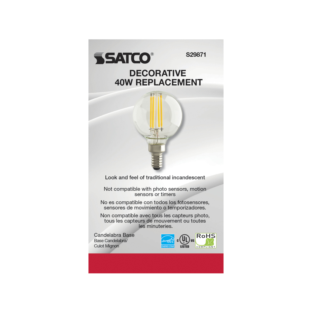 4 Watt G16 1/2 LED; Clear; Candelabra base; 2700K; 350 Lumens; 120 Volt
