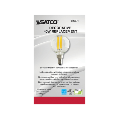 4 Watt G16 1/2 LED; Clear; Candelabra base; 2700K; 350 Lumens; 120 Volt