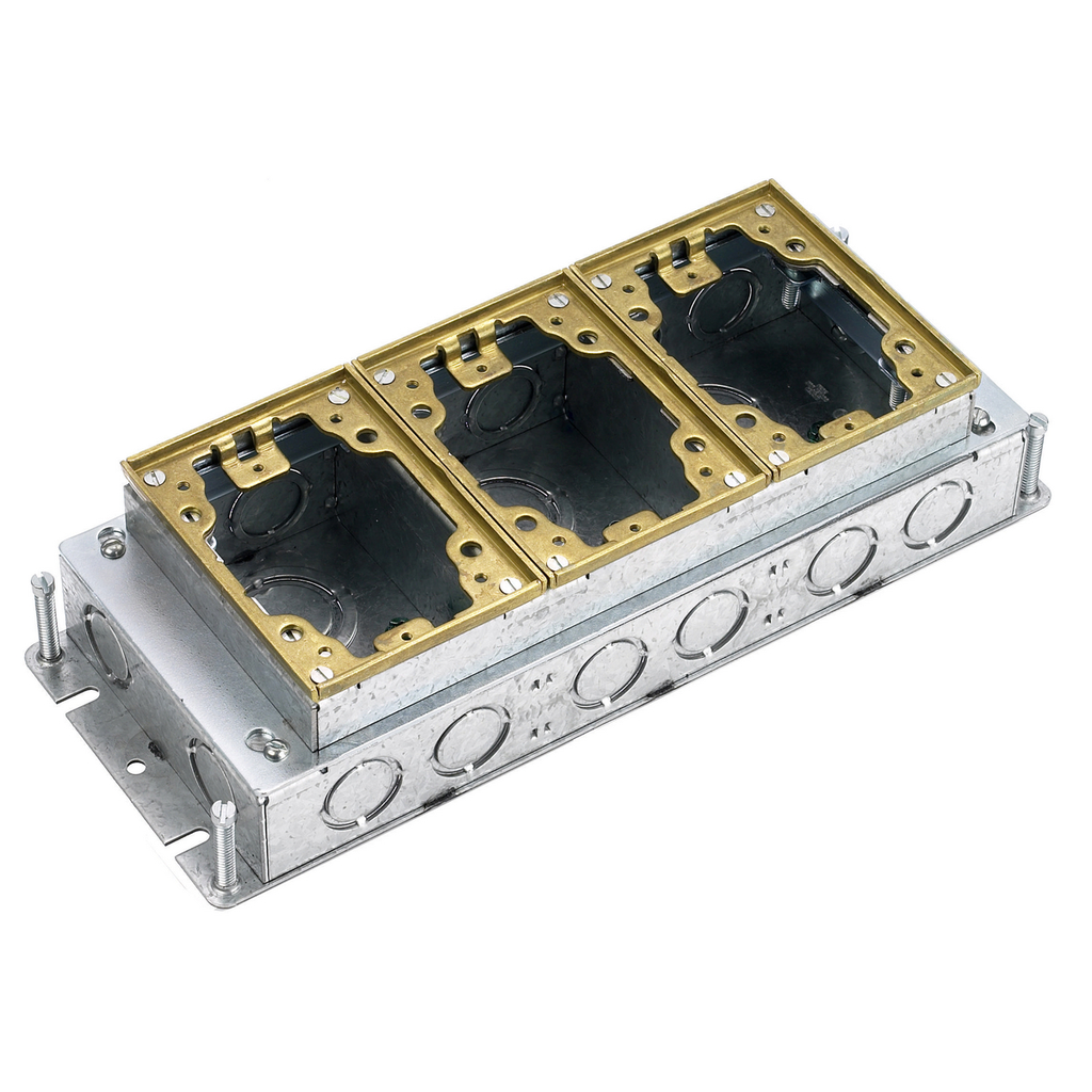 3-Gang, Rectangular, Galvanized Stamped Steel Box, Shallow, Fully Adjustable, Brass Top