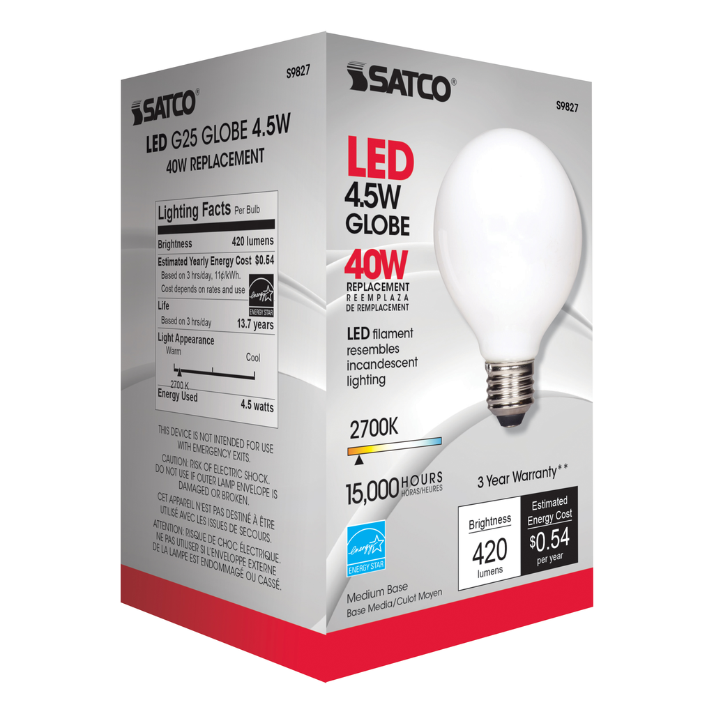 4 Watt G25 LED; Soft white finish; Medium base; 2700K; 350 Lumens; 120 Volt