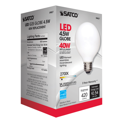 4 Watt G25 LED; Soft white finish; Medium base; 2700K; 350 Lumens; 120 Volt