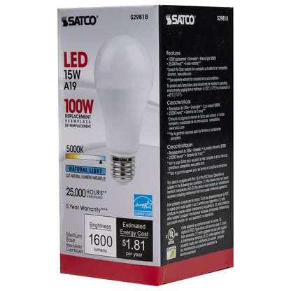 15 Watt; A19 LED; Frosted; 5000K; Medium base; 220 deg. Beam Angle; 120 Volt