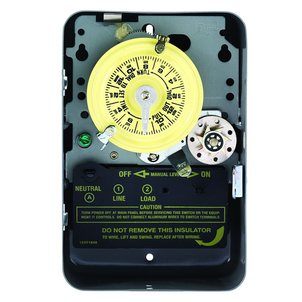 24-Hour Mechanical Time Switch with Skip-a-Day, 120 VAC, 60Hz, SPST, Indoor Metal Enclosure, 1 Hour Interval