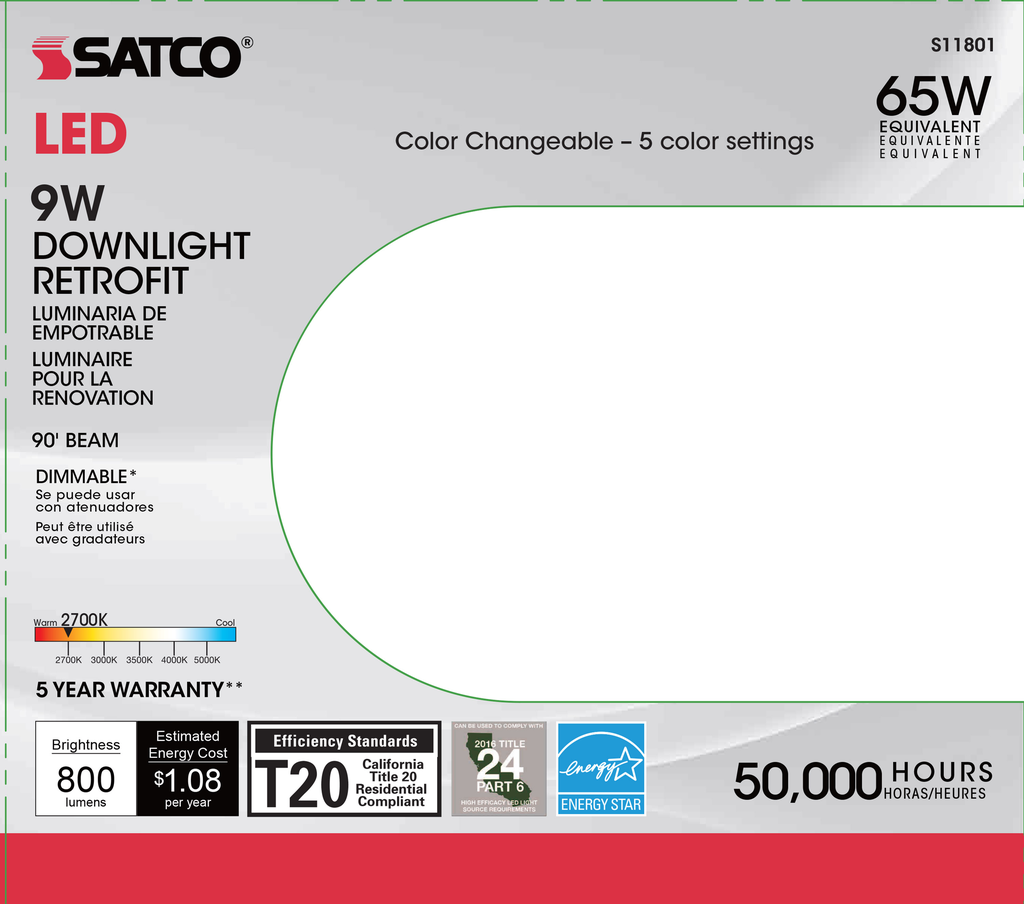 9 watt LED Downlight Retrofit; 5-6"; Adjustable Color Temperature; 120V; Dimmable