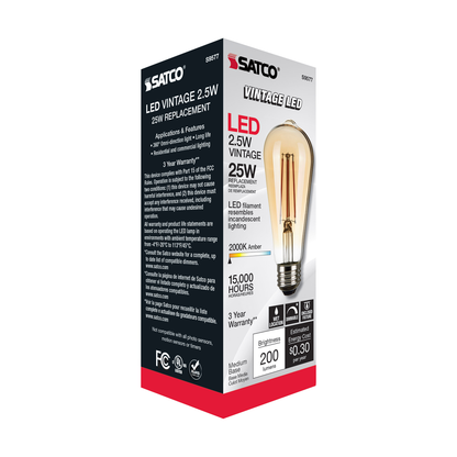 2.5 Watt ST19 LED; Transparent Amber; Medium base; 2000K; 220 Lumens; 120 Volt