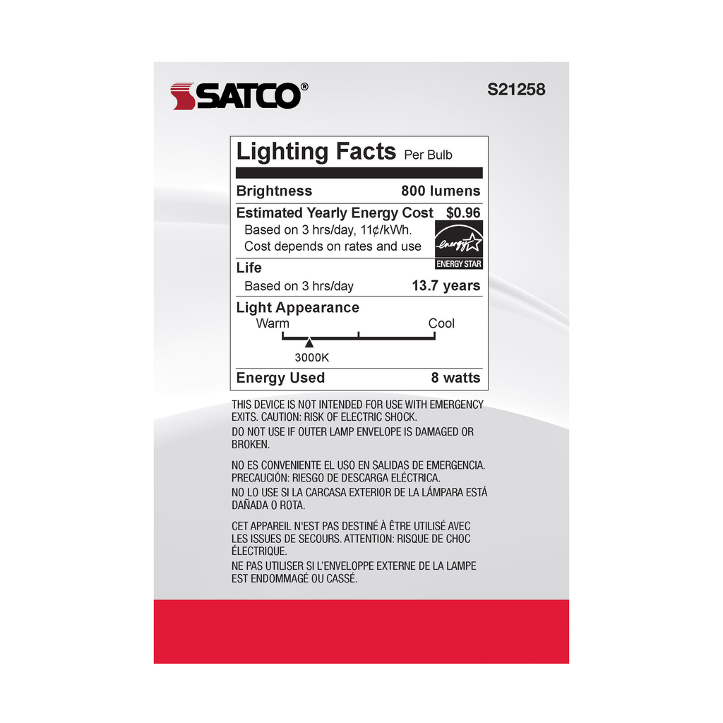8 Watt G40 LED; Clear; Medium base; 90 CRI; 3000K; 120 Volt