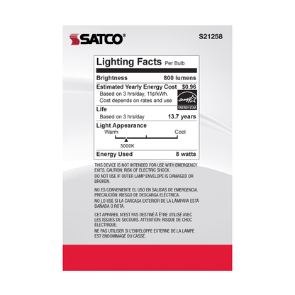 8 Watt G40 LED; Clear; Medium base; 90 CRI; 3000K; 120 Volt