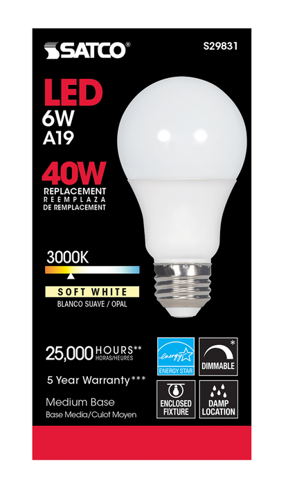 6 Watt; A19 LED; 3000K; Medium base; 220 deg. Beam Angle; 120 Volt