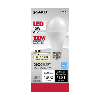 15 Watt; A19 LED; Frosted; 3000K; Medium base; 220 deg. Beam Angle; 120 Volt