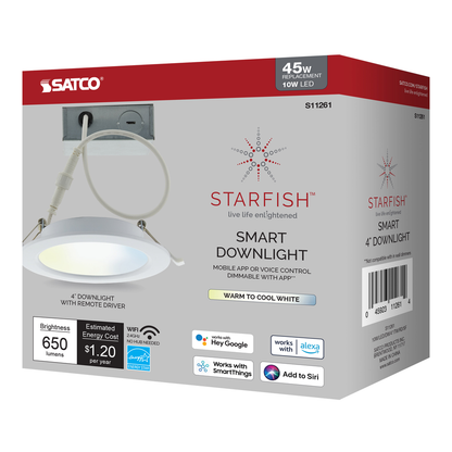 10 Watt; LED Direct Wire Downlight; 4 Inch; Tunable White; Round; Starfish IOT; 120 Volt; 650 Lumens