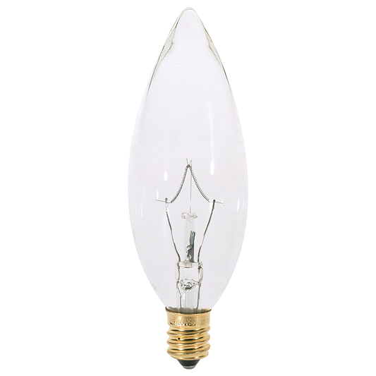 60 Watt B10 Incandescent; Clear; 1500 Average rated hours; 672 Lumens; Candelabra base; 120 Volt; 2-Card