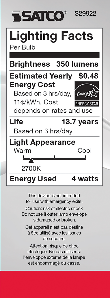 4 Watt B11 LED; Clear; Candelabra base; 2700K; 350 Lumens; 120 Volt