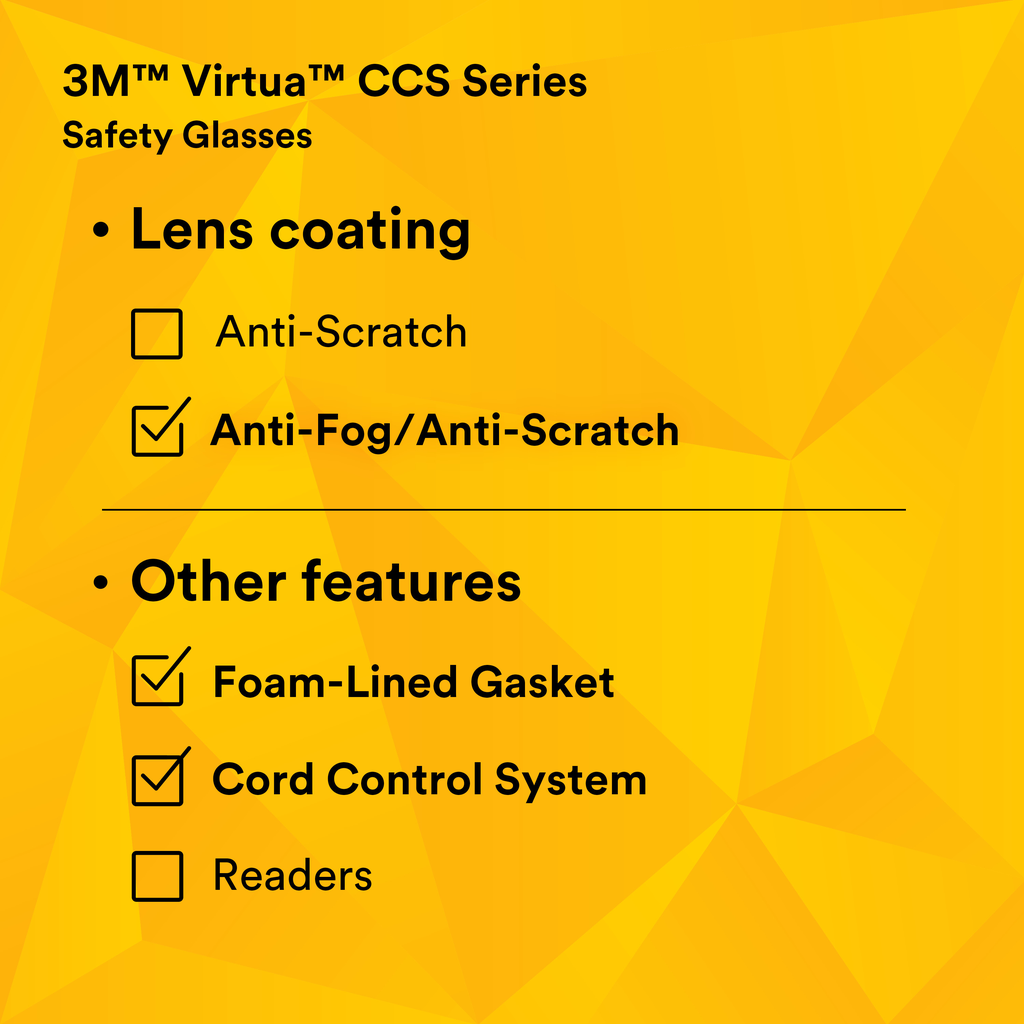 3M Virtua CCS Protective Eyewear 11872-00000-20, with Foam Gasket, CLEAR Anti-Fog Lens, 20 EA/Case