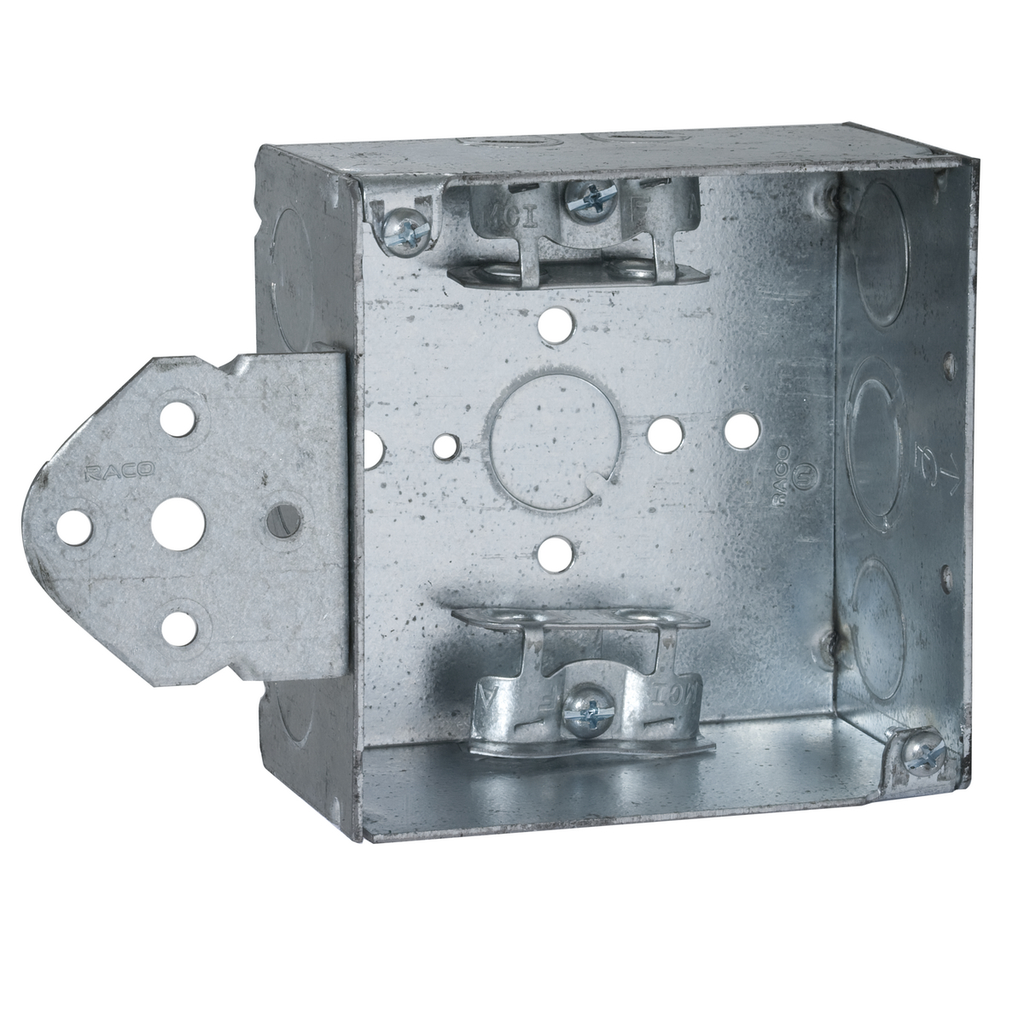 4 in. Square Box, Welded, 2-1/8 in. Deep with AC/MC/Flex Clamps, Three 1/2 in. KO's and One TKO, B Bracket, Flush