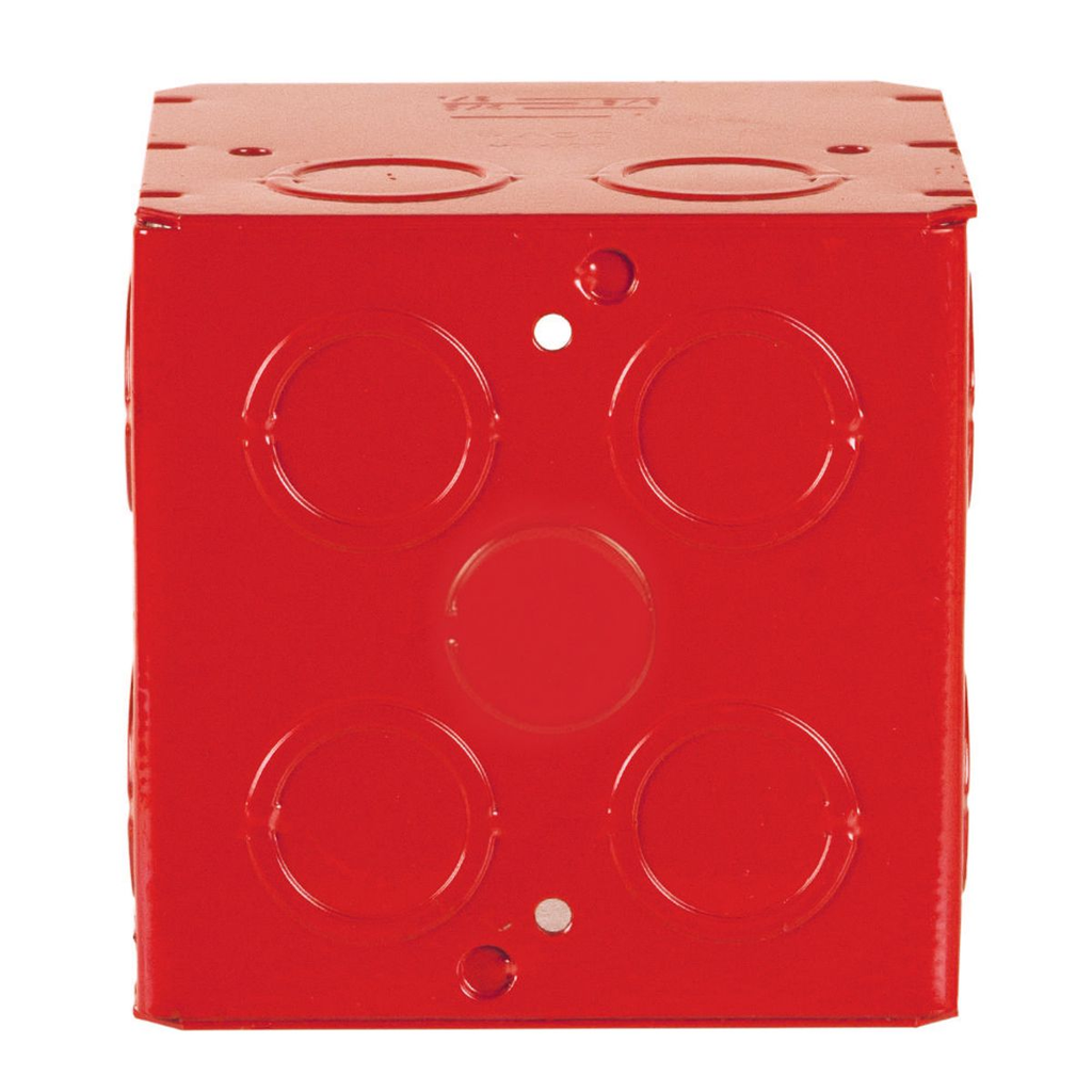 3-3/4 in. Life Safety Square Box, Welded, 3-1/2 in. Deep, Sixteen 1/2 & 3/4 in. Concentric KO's, Red