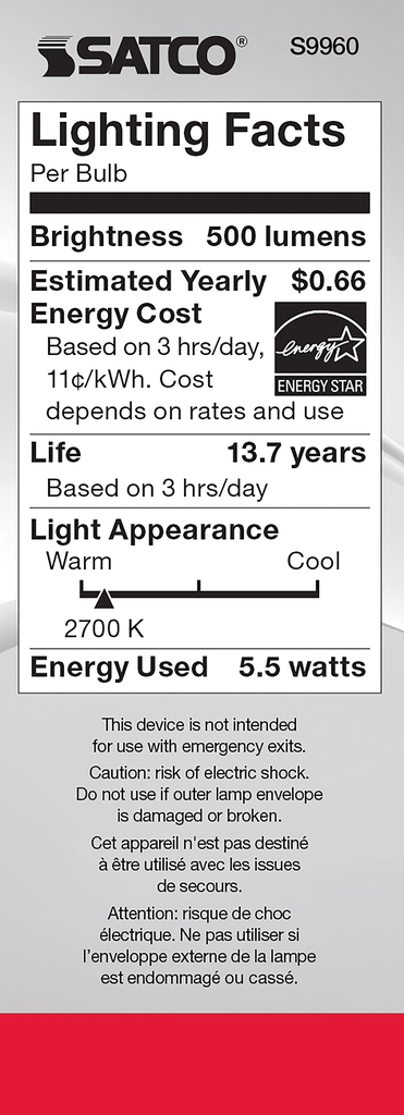 5.5 Watt B11 LED; Clear; Candelabra base; 2700K; 500 Lumens; 120 Volt
