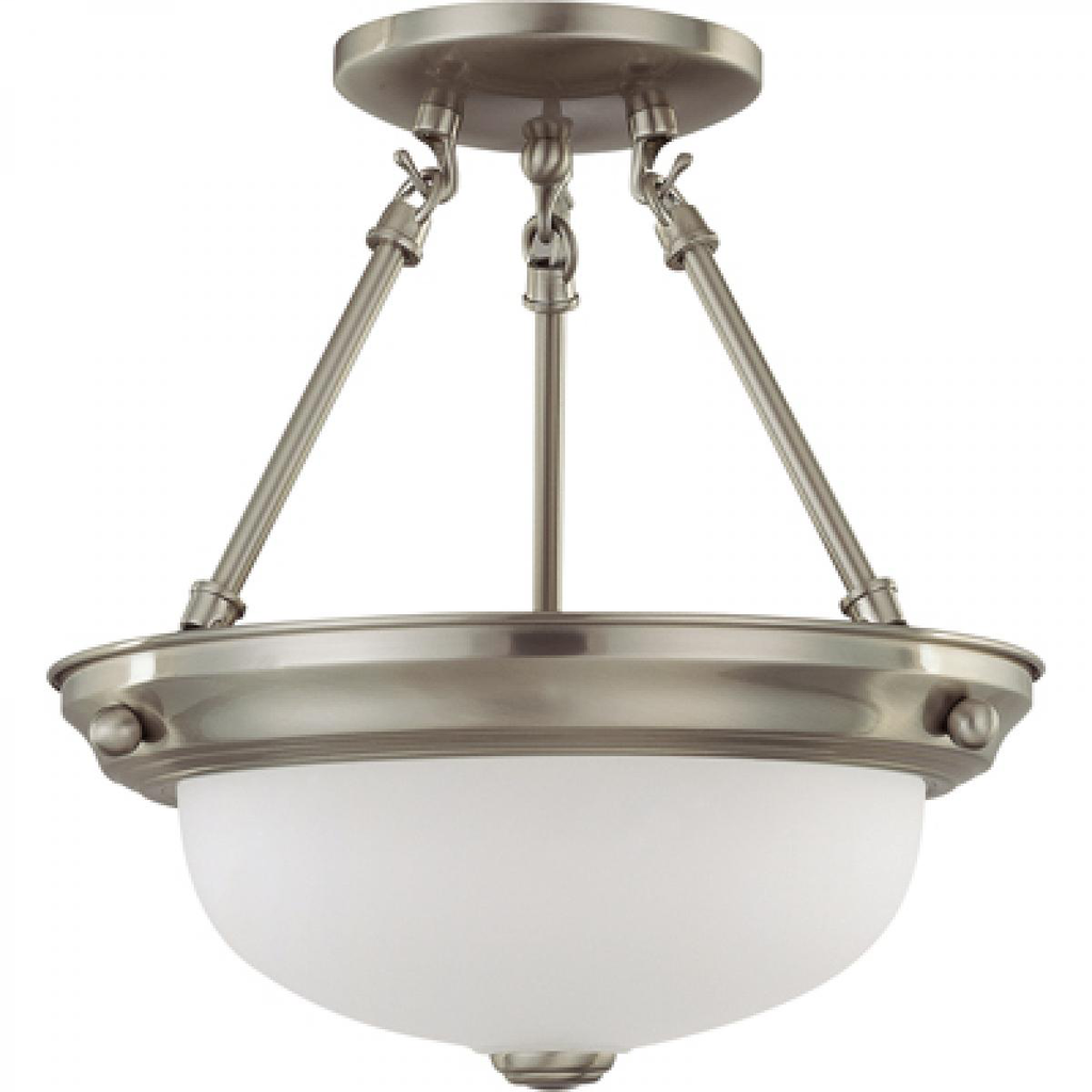 2 Light - Semi Flush with Frosted White Glass - Brushed Nickel Finish