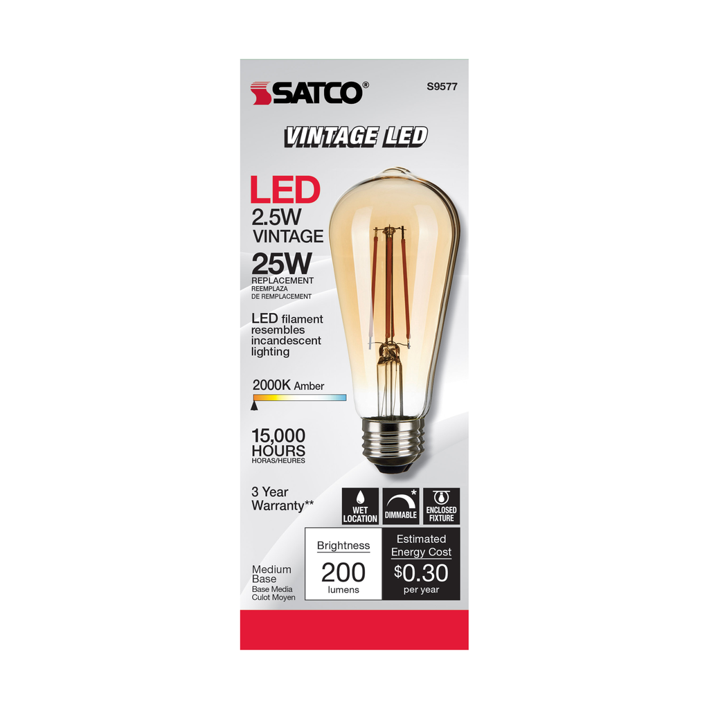 2.5 Watt ST19 LED; Transparent Amber; Medium base; 2000K; 220 Lumens; 120 Volt