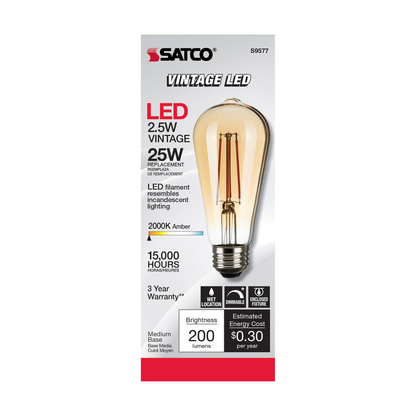 2.5 Watt ST19 LED; Transparent Amber; Medium base; 2000K; 220 Lumens; 120 Volt