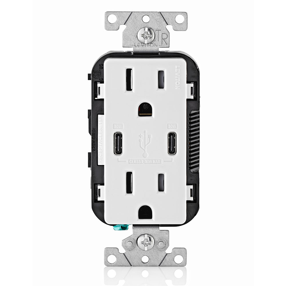 30W (6A) USB Dual Type-C/C Power Delivery Wall Outlet Charger with 15A Tamper-Res Outlet