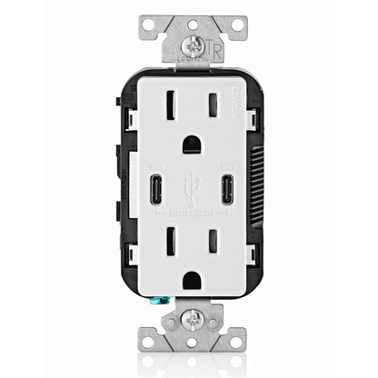 30W (6A) USB Dual Type-C/C Power Delivery Wall Outlet Charger with 15A Tamper-Res Outlet