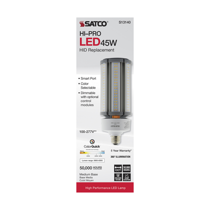 45 Watt; LED HID Replacement; CCT Selectable; Medium base; 100-277 Volt; ColorQuick Technology