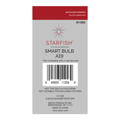 9.5 Watt; A19 LED; RGB & Tunable White; Starfish IOT; 120 Volt; 800 Lumens; 2-pack