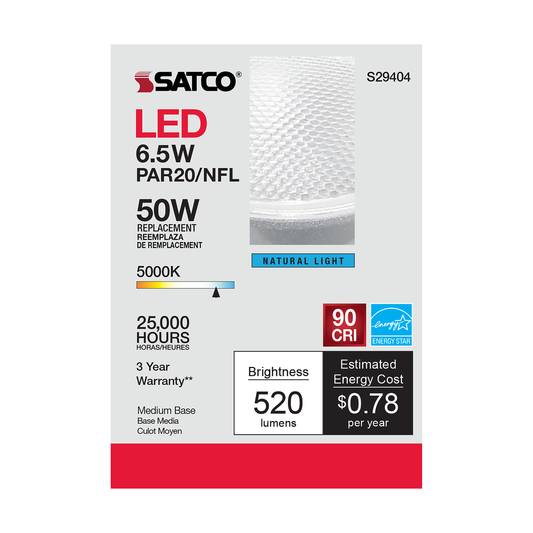 6.5 Watt; PAR20 LED; 5000K; 25 deg. Beam Angle; Medium base; 120 Volt