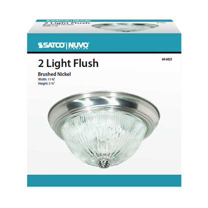 2 Light - 11" - Flush Mount - Clear Ribbed Glass, Color retail packaging