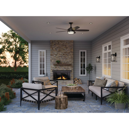 Black-finished ceiling fan with white opal shade.