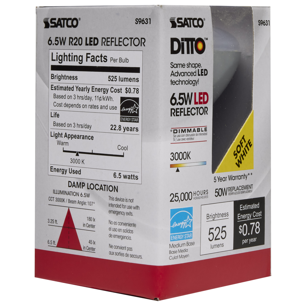 6.5 Watt; LED R20; 3000K; 107 deg. Beam Angle; Medium base; 120 Volt; Dimmable