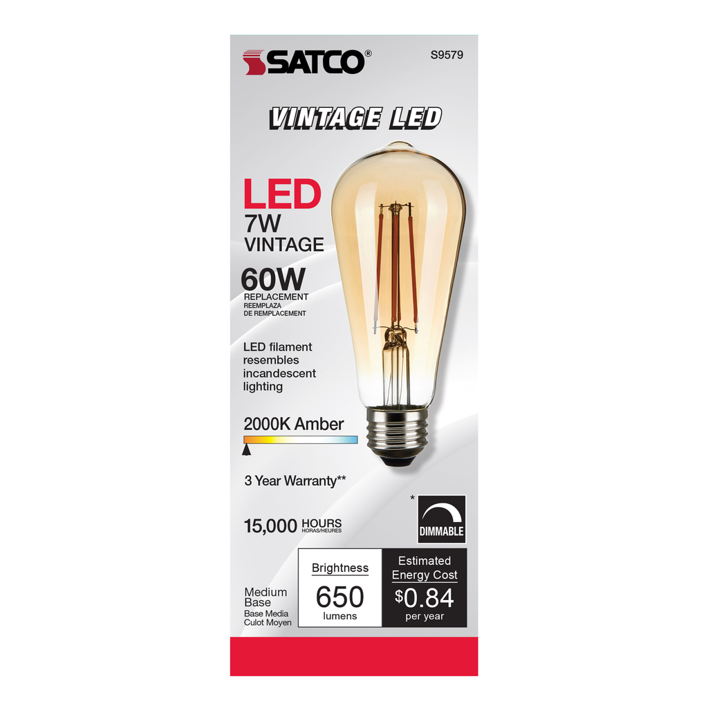 7 Watt ST19 LED; Transparent Amber; Medium base; 2000K; 650 Lumens; 120 Volt