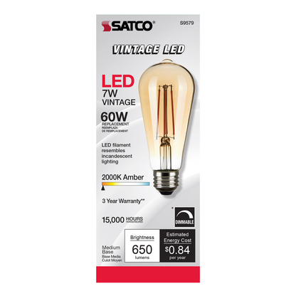 7 Watt ST19 LED; Transparent Amber; Medium base; 2000K; 650 Lumens; 120 Volt