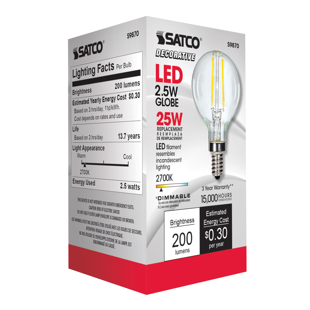 2.5 Watt G16.5 LED; Clear; Candelabra base; 2700K; 200 Lumens; 120 Volt