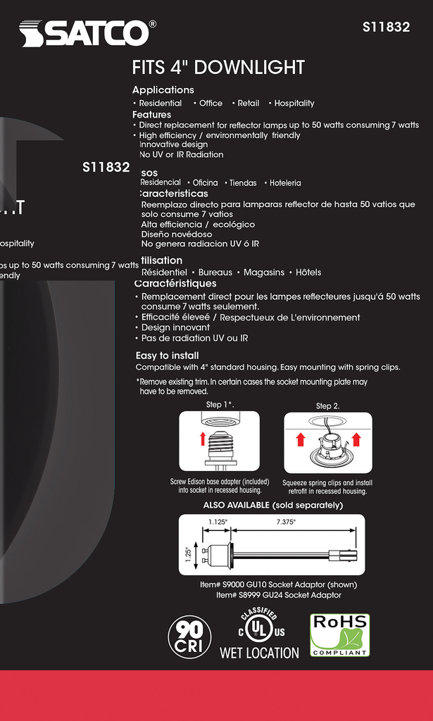 7 Watt; LED Downlight Retrofit; 4 Inch; CCT Selectable; 120 volts; Dimmable; Black Finish