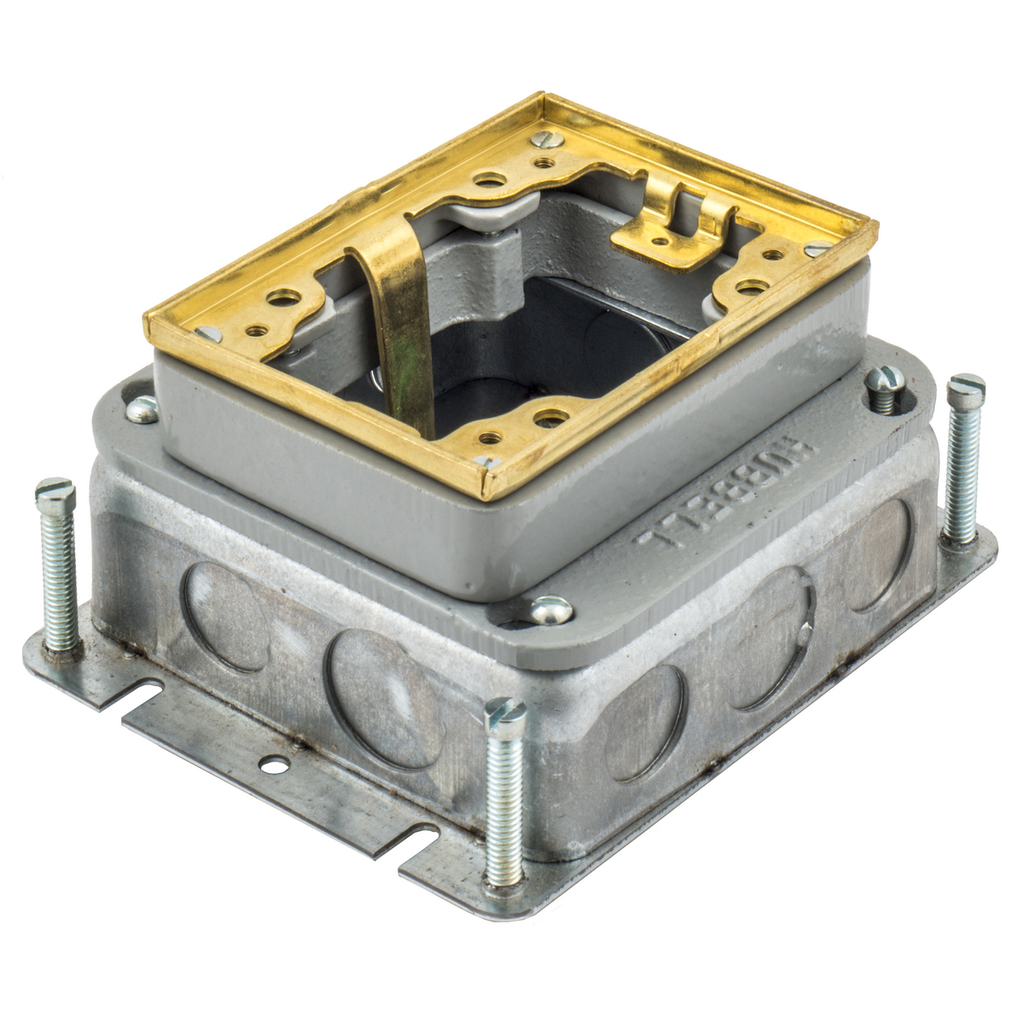 1-Gang, Rectangular, Galvanized Stamped Steel Box, Shallow, Fully Adjustable, Single Service, Brass Top