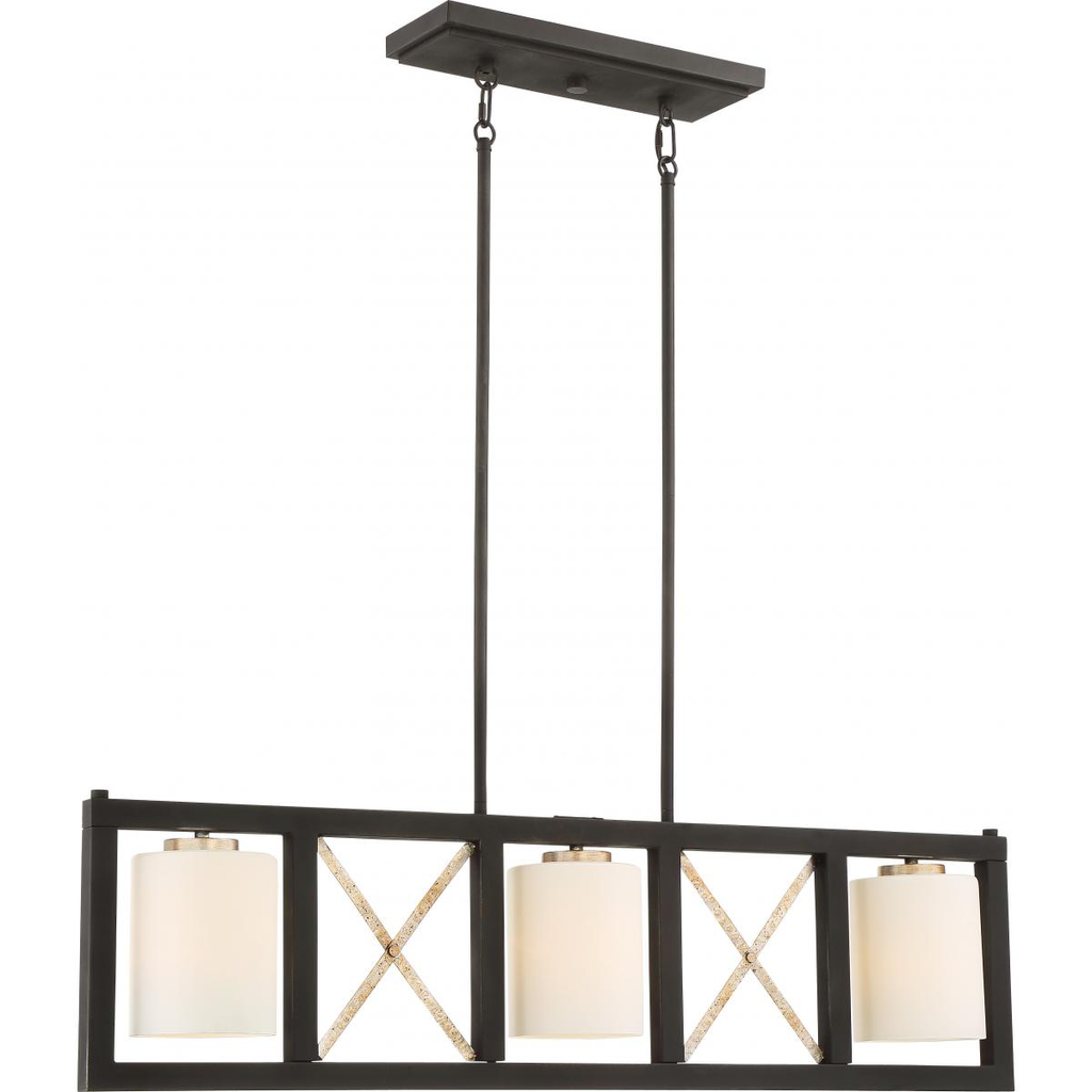 Boxer - 3 Light Island Pendant with Satin White Glass - Matte Black Finish with Antique Silver Accents