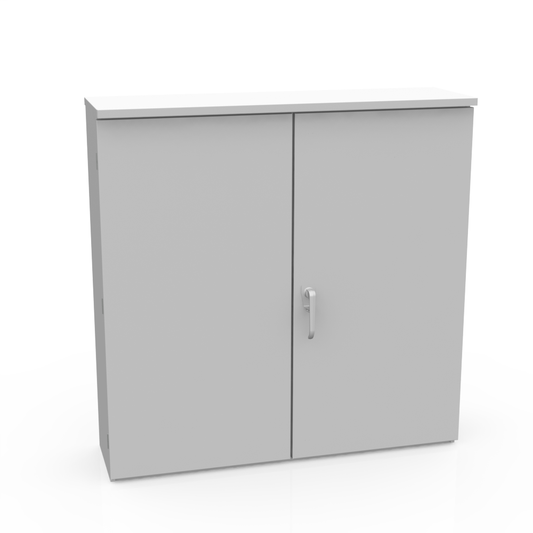 48x12x48 Hinge Cover Type 3R UL Listed Steel No Knockouts ANSI 61 Gray Double Doors Wood Back Board Installed Handle On Right Padlocking 3 Point Handle Unistrut Installed