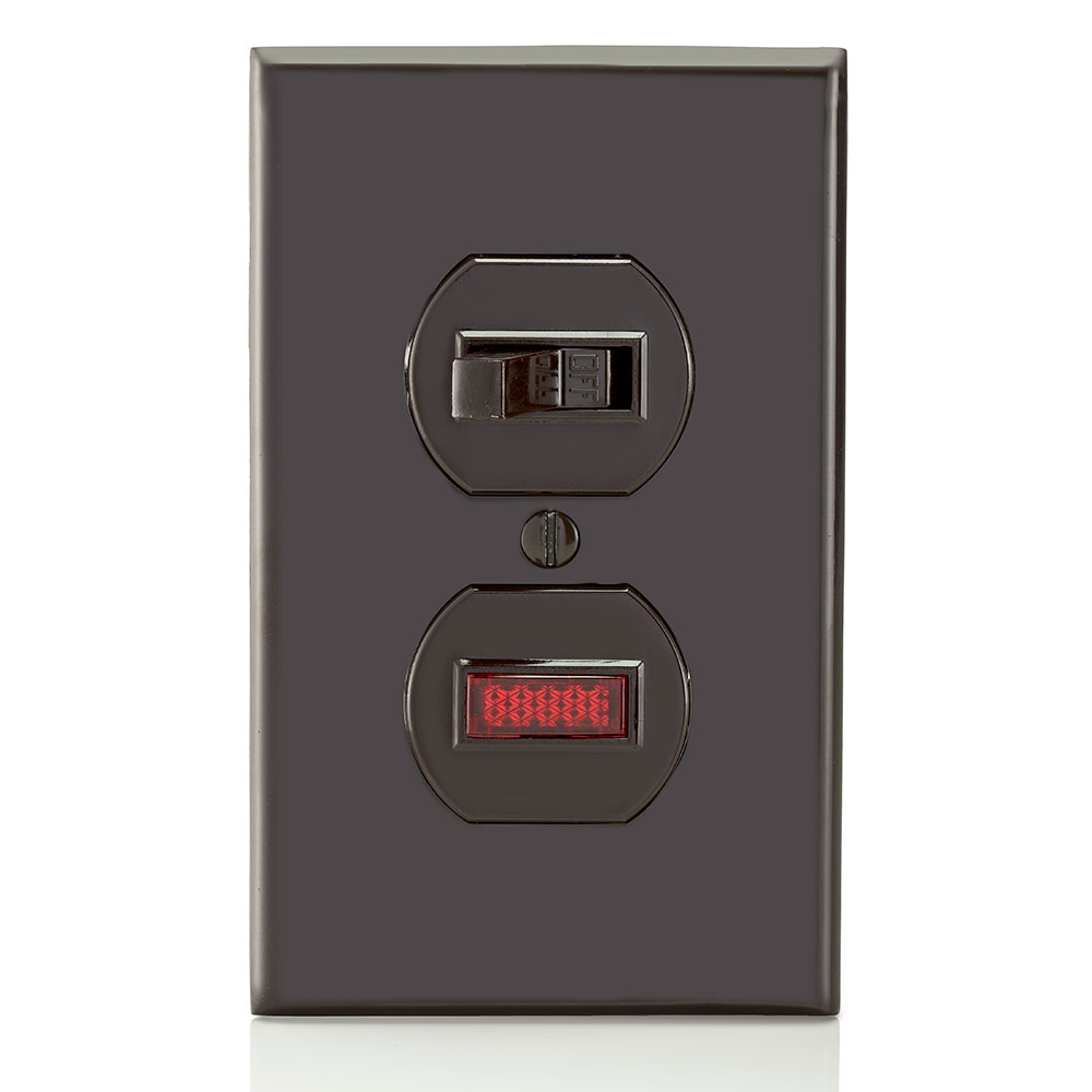 15 Amp, 120 Volt, Duplex Style Single-Pole / Neon Pilot AC Combination Switch, Commercial Grade, Non-Grounding, Side Wired , Brown