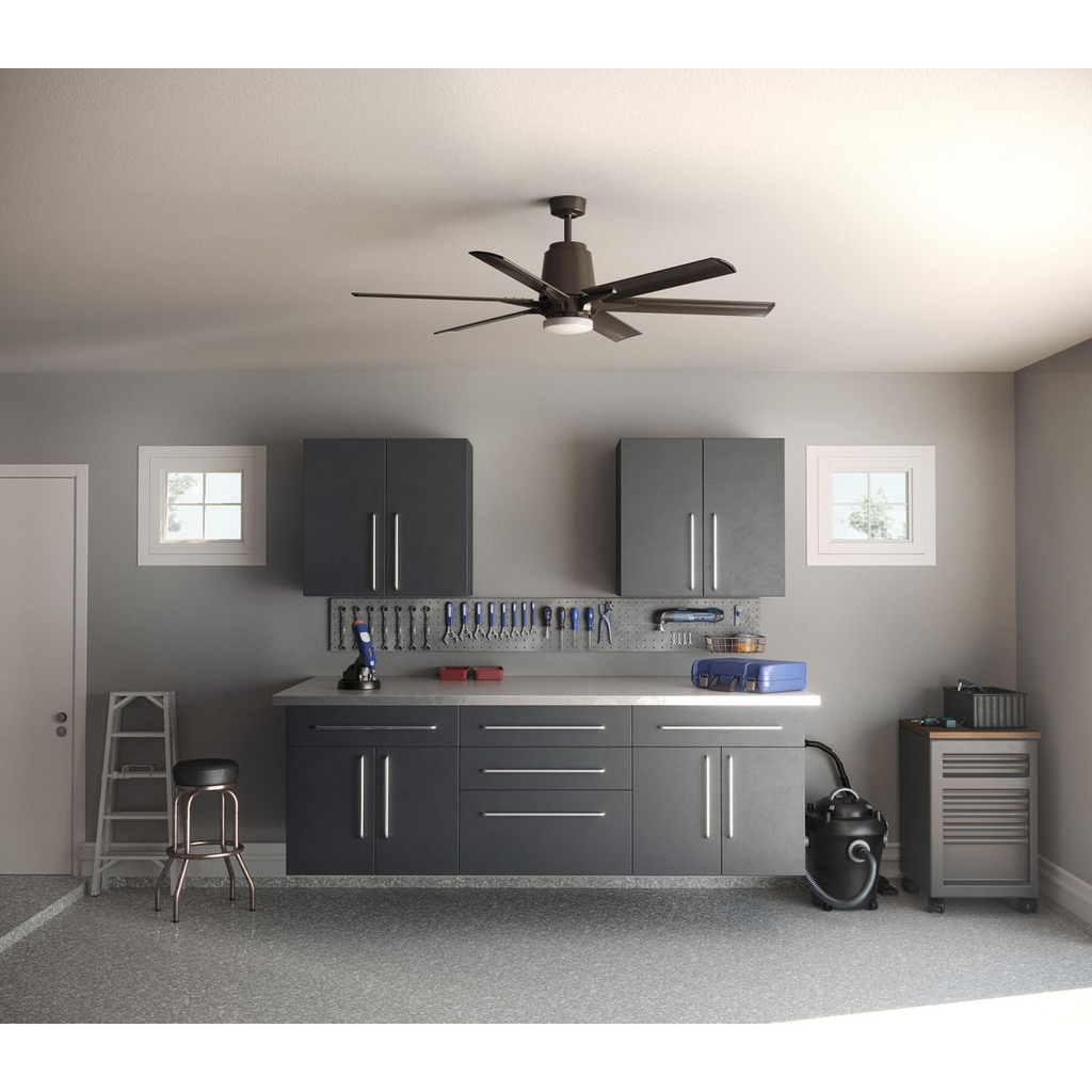 Architectural bronze-finished ceiling fan with white opal shade.