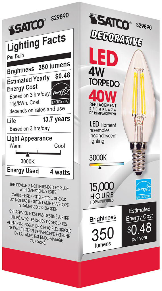 4 Watt B11 LED; Clear; Candelabra base; 3000K; 350 Lumens; 120 Volt
