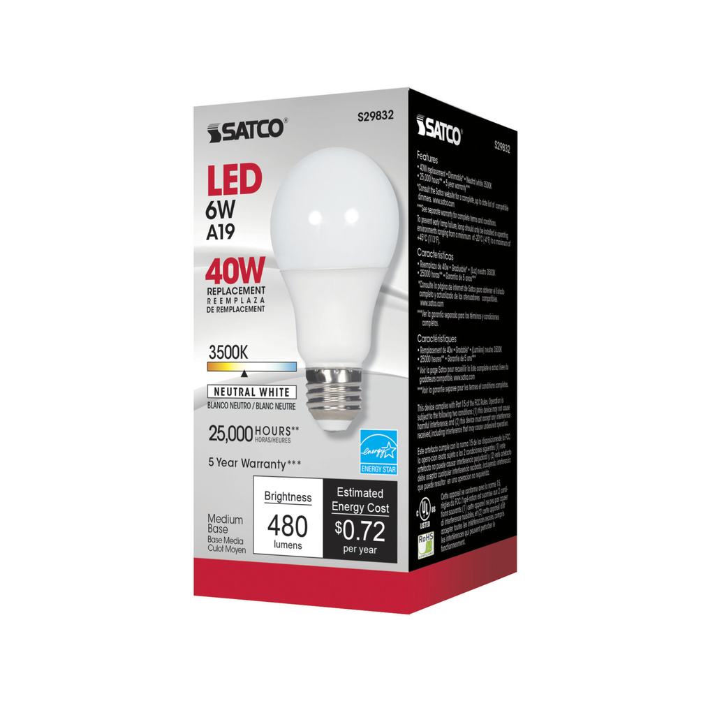 6 Watt; A19 LED; 3500K; Medium base; 220 deg. Beam Angle; 120 Volt