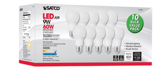 9 Watt A19 LED; 5000K; Medium base; 220 deg. Beam Angle; 10-Pack