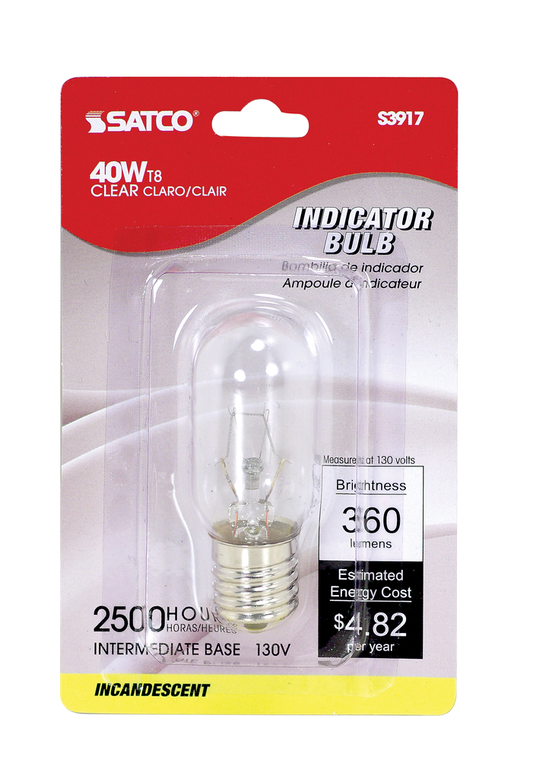 40 Watt T8 Incandescent; Clear; 2000 Average rated hours; 360 Lumens; Intermediate base; 130 Volt; Carded
