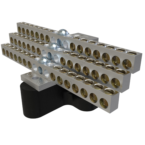 Aluminum Neutral Bar, Dual Rated, Main Conductor Range 350-6, Tap Range 4-14, 42 Tap Ports, 2 Holes, #10-32 Bolt, Tin Plated, UL, CSA, Includes R-16 Mounting Block