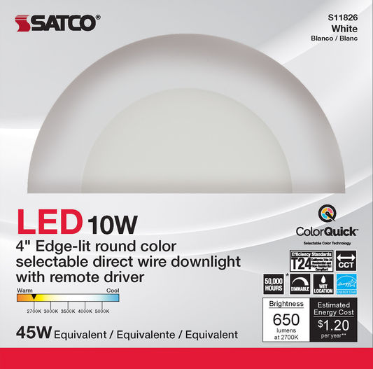 10 Watt; LED Direct Wire Downlight; Edge-lit; 4 inch; CCT Selectable; 120 volt; Dimmable; Round; Remote Driver