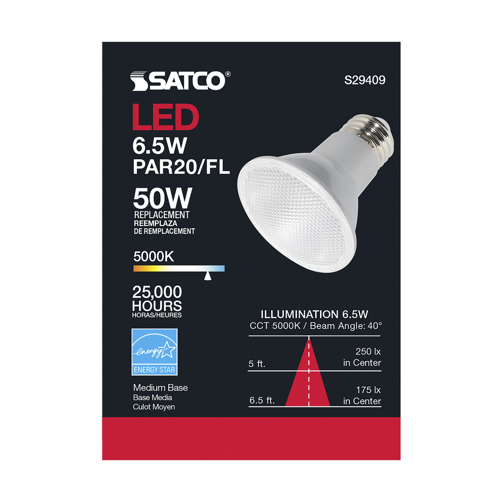 6.5 Watt; PAR20 LED; 5000K; 40 deg. Beam Angle; Medium base; 120 Volt