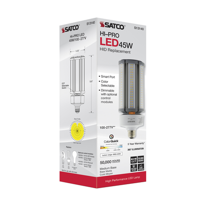 45 Watt; LED HID Replacement; CCT Selectable; Medium base; 100-277 Volt; ColorQuick Technology